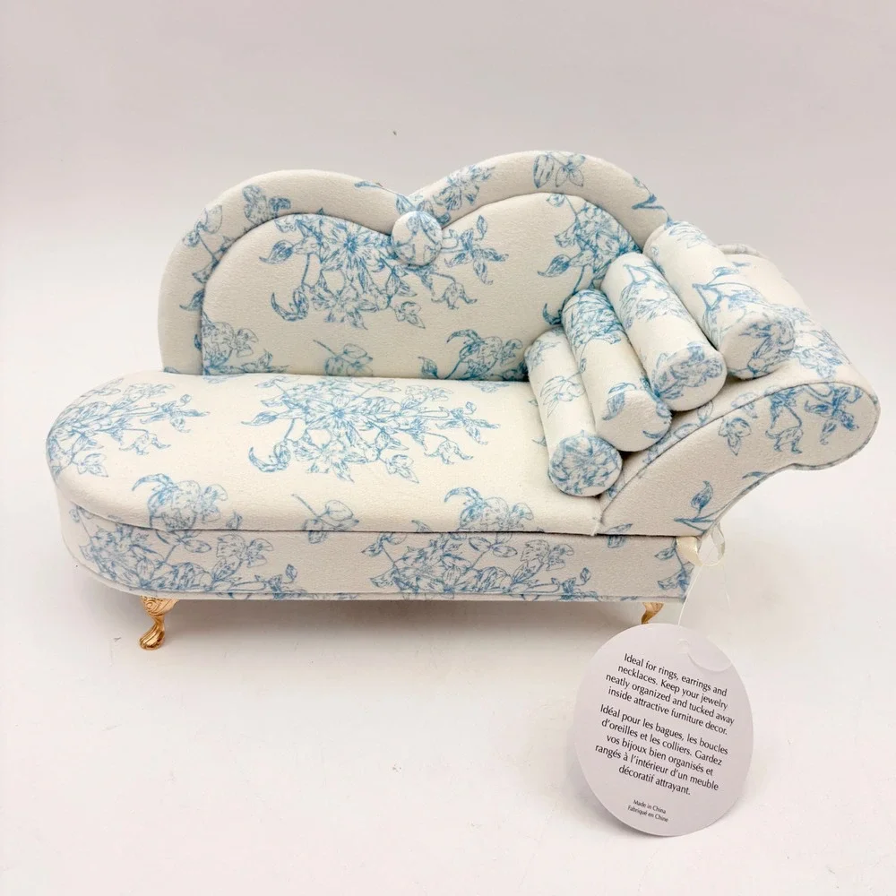 Blue‎ White Toile Floral Chaise Lounge Miniature Jewelry Box Mirror Ring Holder